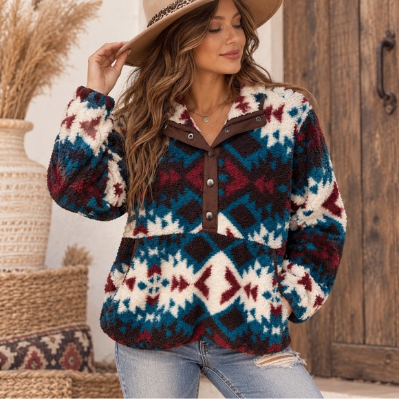 Ariat Sweaters - Ariat Southwestern Aztec Sherpa Fleece Snap Pullover Jacket Sz Medium